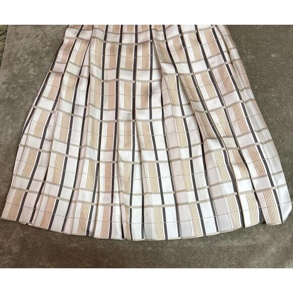 Lafayette 148 NY Silk Blend Brown Cream Geometric Pleated A-line Midi Skirt Sz 2 - Picture 4 of 7